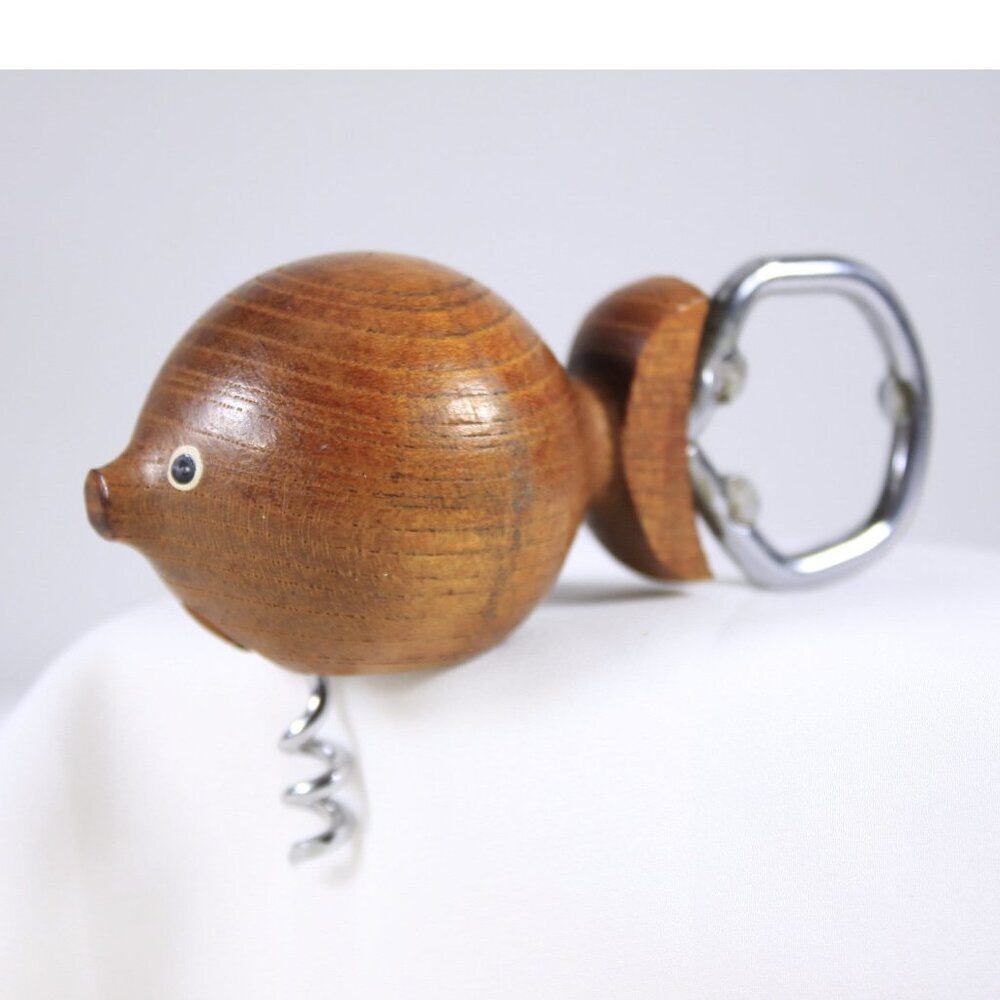 Danish mid century modern fish Teak bottle opener and corkscrew